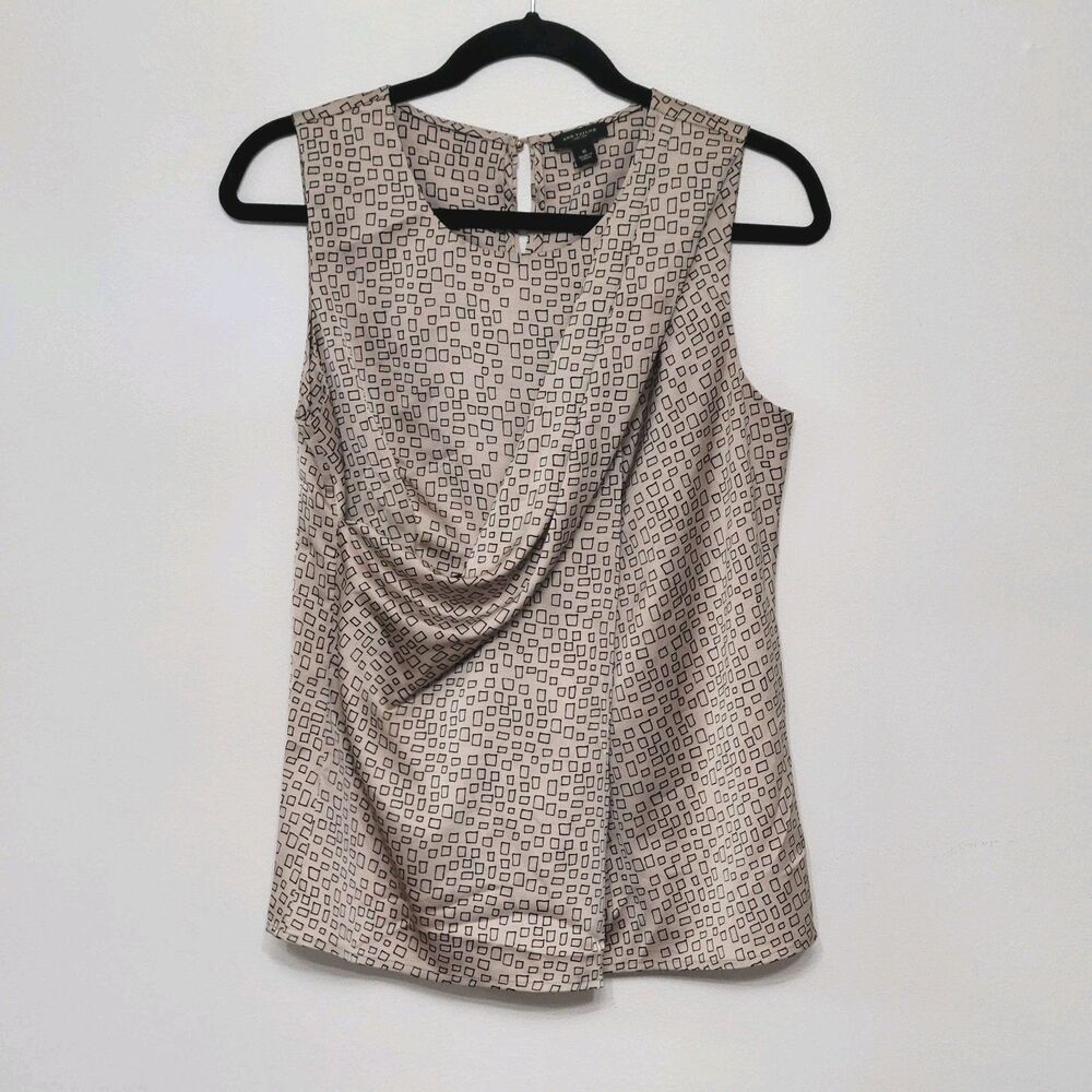 Ann Taylor Womens 6 Tan Black Geometric Draped Neck Sleeveless Blouse Workwear